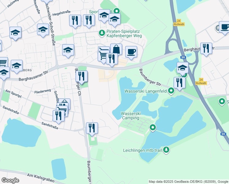 map of restaurants, bars, coffee shops, grocery stores, and more near 1 Ecolab-Allee in Langenfeld (Rheinland)
