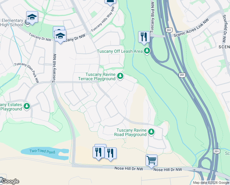 map of restaurants, bars, coffee shops, grocery stores, and more near 21 Tuscany Ravine Terrace Northwest in Calgary