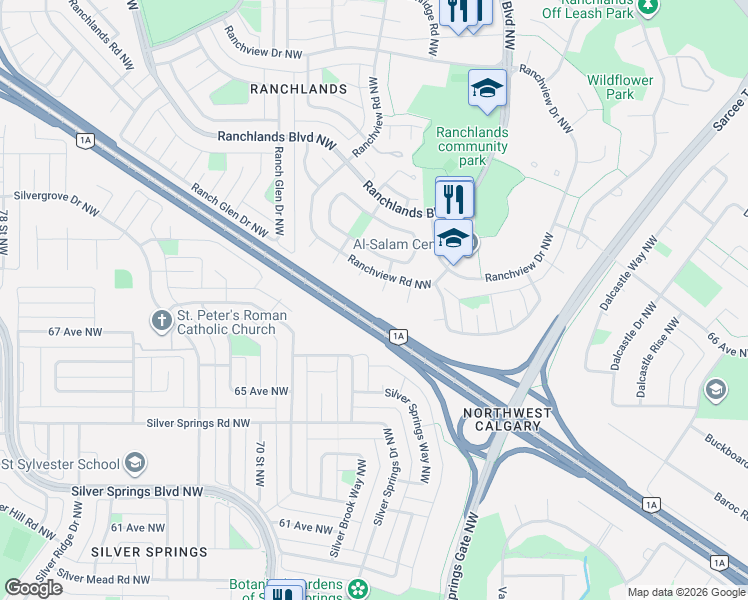 map of restaurants, bars, coffee shops, grocery stores, and more near 220 Ranchview Place Northwest in Calgary