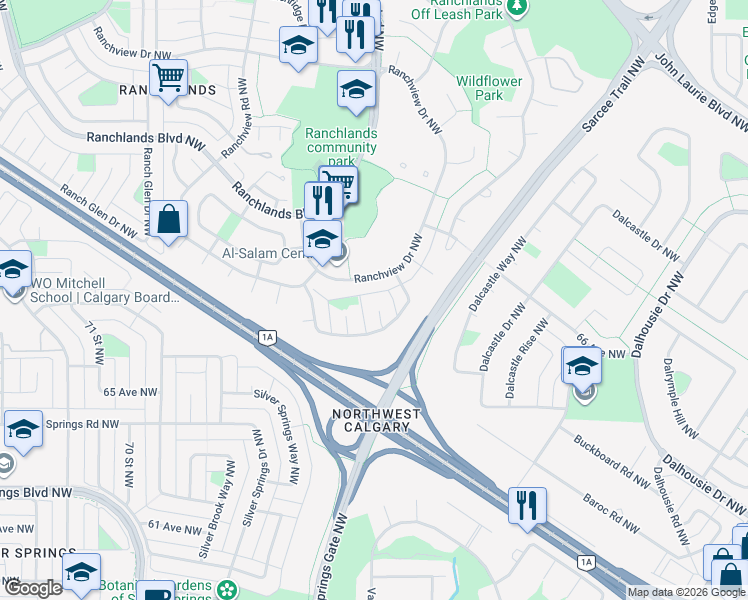 map of restaurants, bars, coffee shops, grocery stores, and more near 324 Ranchview Court Northwest in Calgary