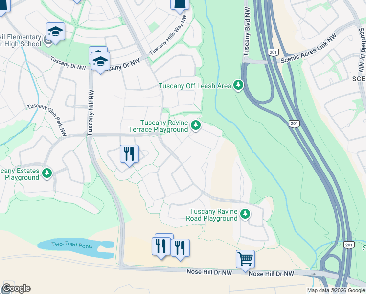 map of restaurants, bars, coffee shops, grocery stores, and more near 21 Tuscany Ravine Terrace Northwest in Calgary