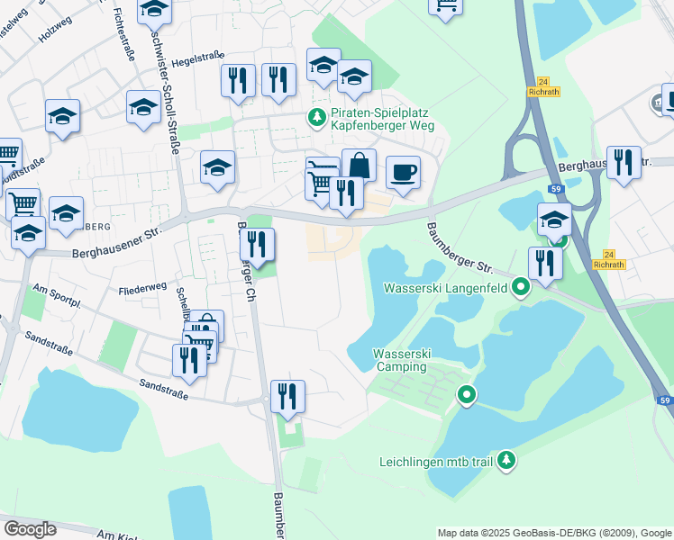 map of restaurants, bars, coffee shops, grocery stores, and more near 1 Ecolab-Allee in Langenfeld (Rheinland)