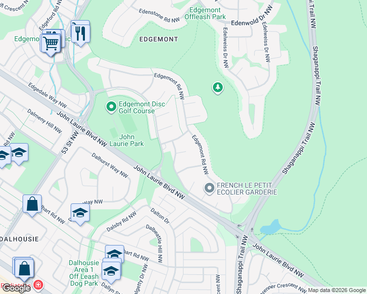 map of restaurants, bars, coffee shops, grocery stores, and more near 131 Edgemont Bay Northwest in Calgary