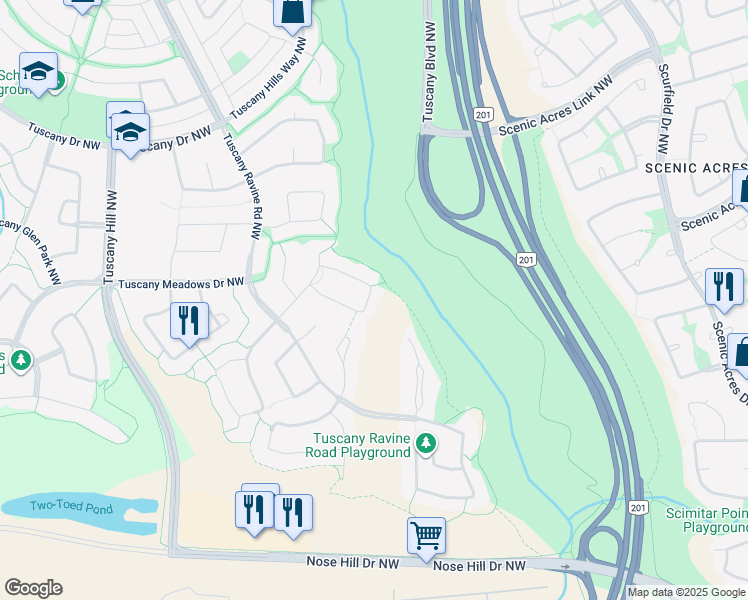 map of restaurants, bars, coffee shops, grocery stores, and more near 132 Tuscany Ravine Terrace Northwest in Calgary