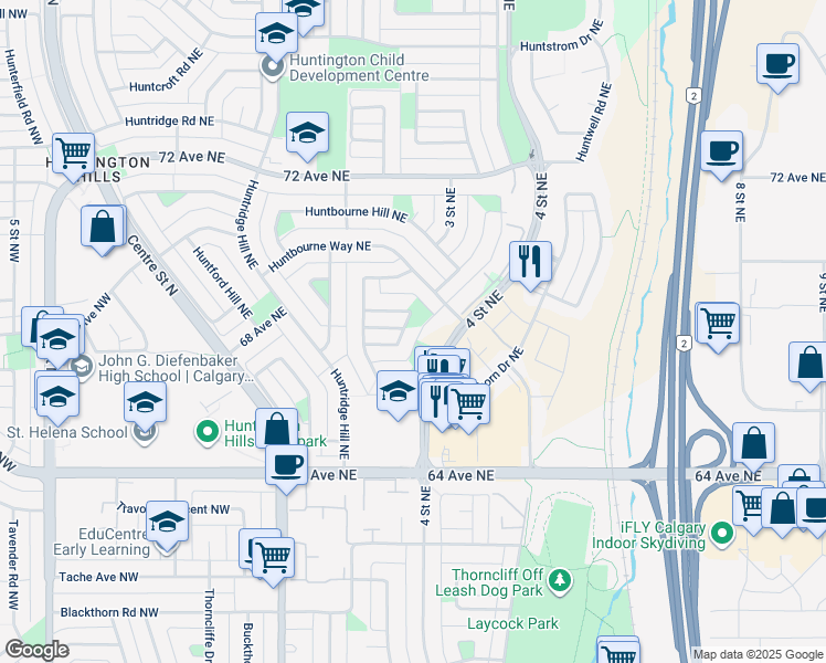 map of restaurants, bars, coffee shops, grocery stores, and more near 139 Huntchester Crescent Northeast in Calgary