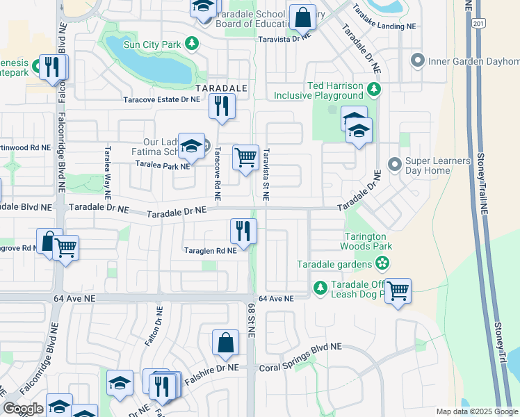 map of restaurants, bars, coffee shops, grocery stores, and more near 219 Taradale Drive Northeast in Calgary