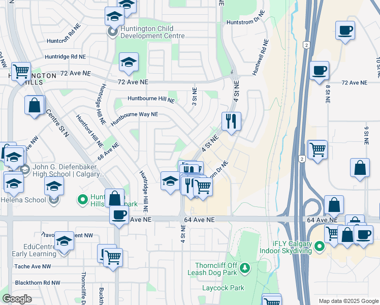 map of restaurants, bars, coffee shops, grocery stores, and more near 139 Huntchester Crescent Northeast in Calgary