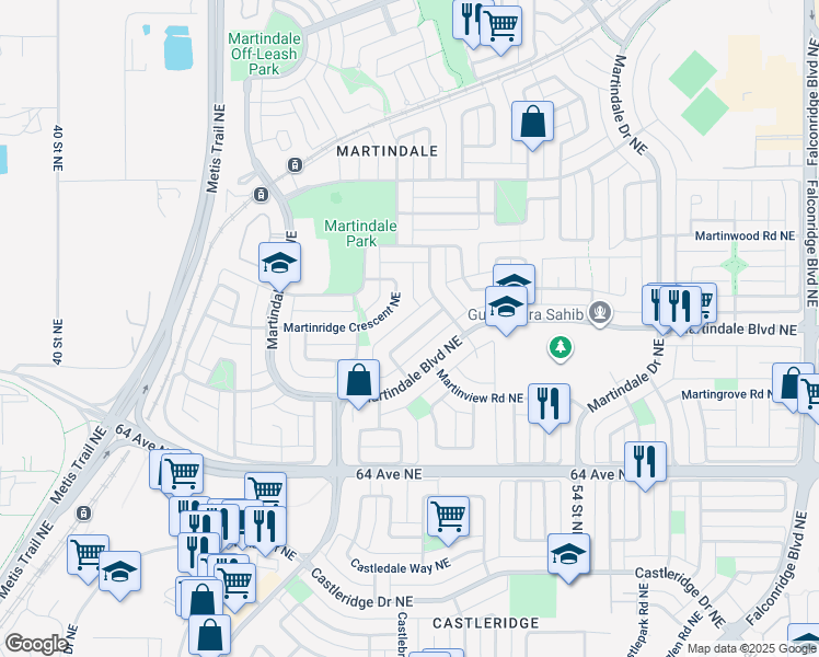 map of restaurants, bars, coffee shops, grocery stores, and more near 42 Martinridge Way Northeast in Calgary
