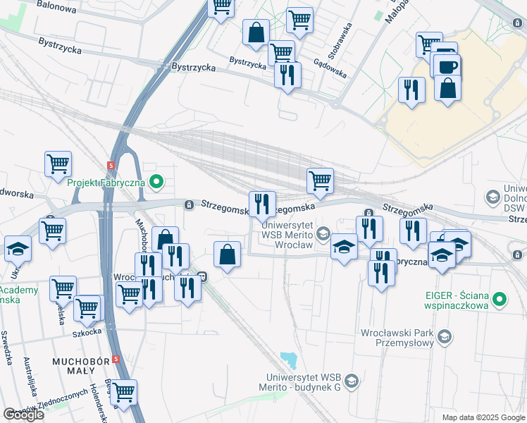map of restaurants, bars, coffee shops, grocery stores, and more near Strzegomska in Wrocław