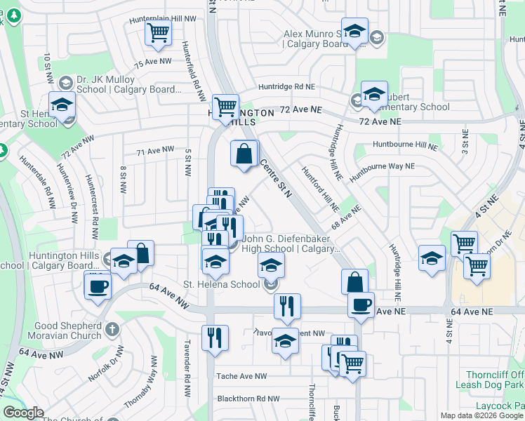 map of restaurants, bars, coffee shops, grocery stores, and more near Huntsville Crescent Northwest in Calgary