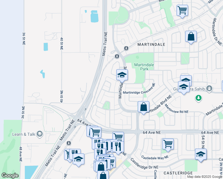 map of restaurants, bars, coffee shops, grocery stores, and more near 137 Martinpark Way Northeast in Calgary