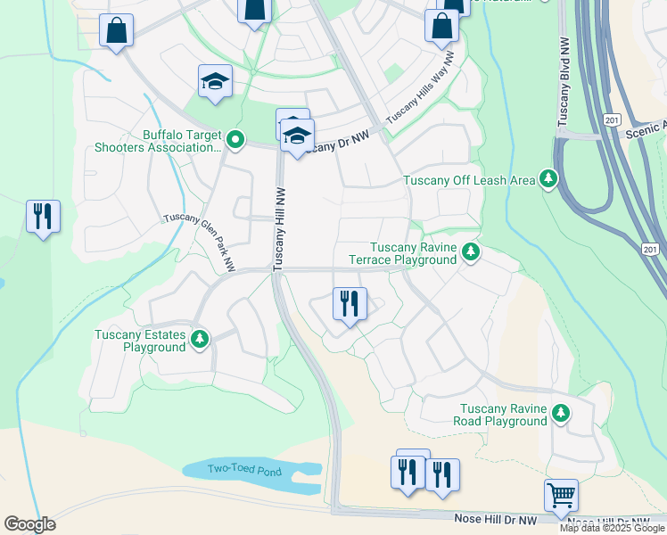 map of restaurants, bars, coffee shops, grocery stores, and more near Tuscany Meadows Drive Northwest in Calgary