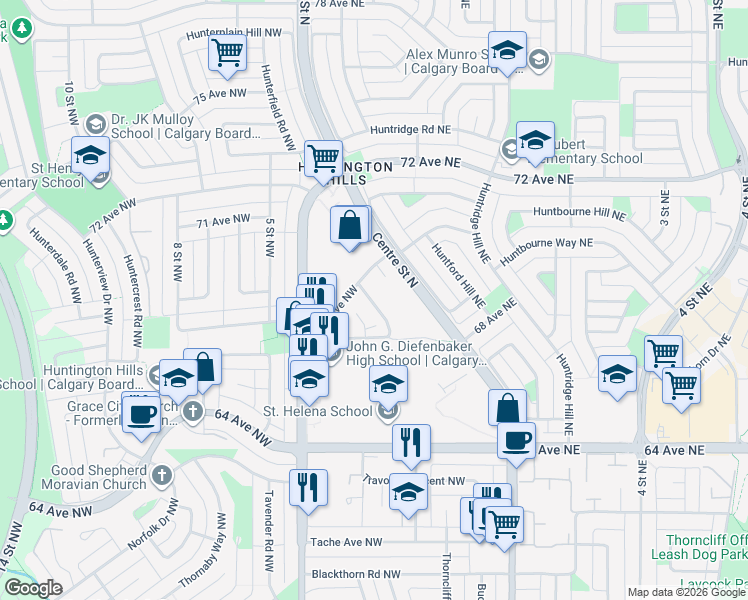 map of restaurants, bars, coffee shops, grocery stores, and more near 447 Huntsville Crescent Northwest in Calgary