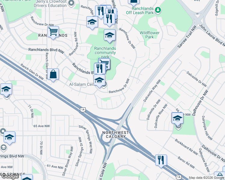 map of restaurants, bars, coffee shops, grocery stores, and more near 324 Ranchview Court Northwest in Calgary