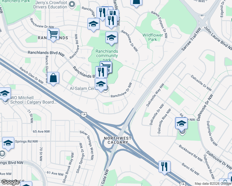map of restaurants, bars, coffee shops, grocery stores, and more near 324 Ranchview Court Northwest in Calgary