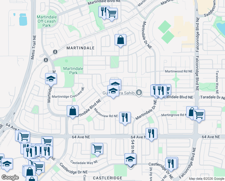 map of restaurants, bars, coffee shops, grocery stores, and more near 219 Martindale Boulevard Northeast in Calgary