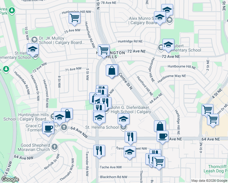 map of restaurants, bars, coffee shops, grocery stores, and more near 309 Huntsville Crescent Northwest in Calgary