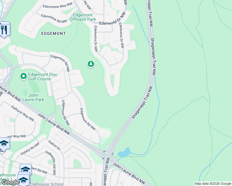 map of restaurants, bars, coffee shops, grocery stores, and more near 33 Edelweiss Point Northwest in Calgary