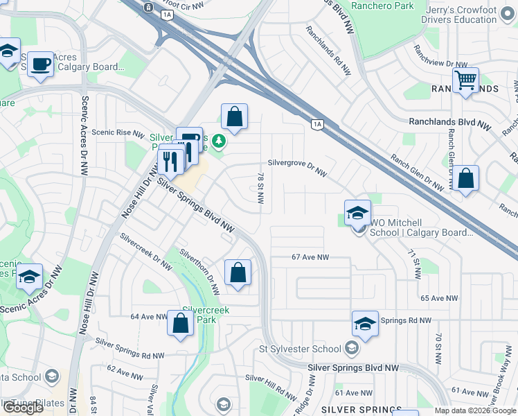 map of restaurants, bars, coffee shops, grocery stores, and more near 7024 78 Street Northwest in Calgary