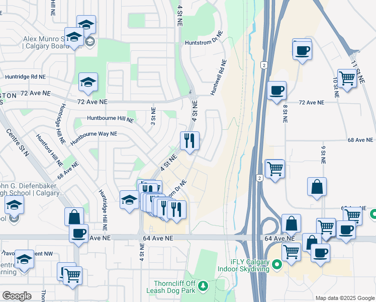 map of restaurants, bars, coffee shops, grocery stores, and more near 27 Hunterhorn Place Northeast in Calgary