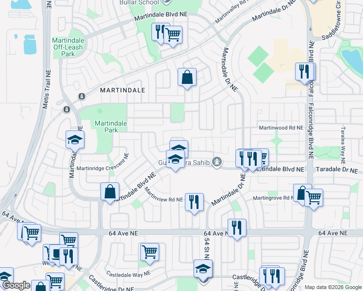 map of restaurants, bars, coffee shops, grocery stores, and more near 82 Martinbrook Road Northeast in Calgary