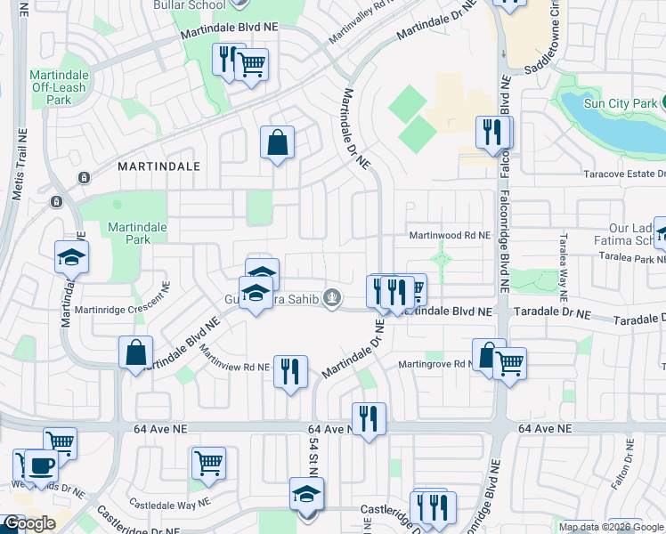 map of restaurants, bars, coffee shops, grocery stores, and more near 246 Martinbrook Place Northeast in Calgary
