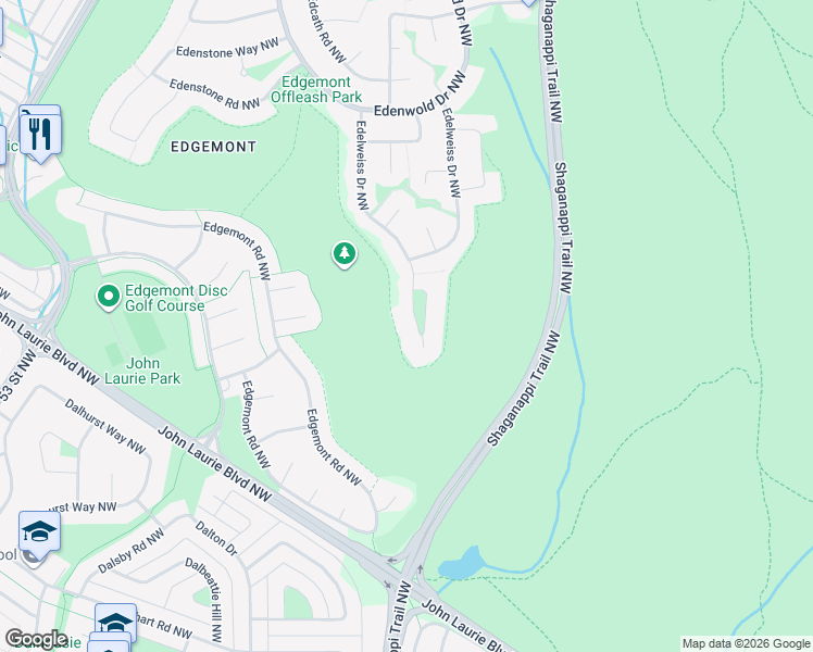 map of restaurants, bars, coffee shops, grocery stores, and more near 33 Edelweiss Point Northwest in Calgary