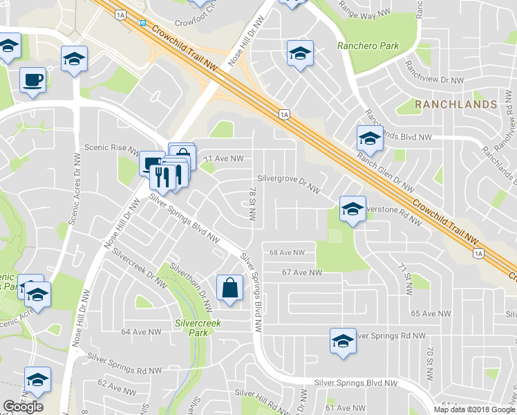 map of restaurants, bars, coffee shops, grocery stores, and more near 7024 78 Street Northwest in Calgary