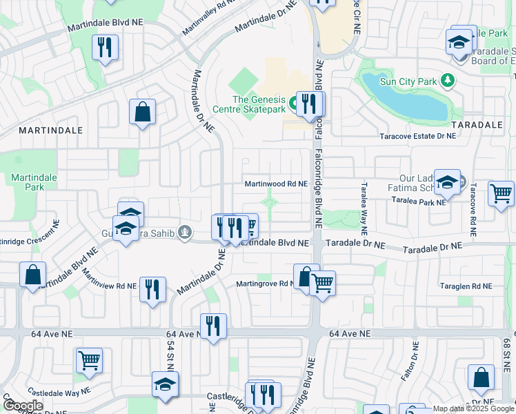 map of restaurants, bars, coffee shops, grocery stores, and more near 136 Martinwood Court Northeast in Calgary