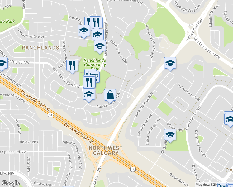 map of restaurants, bars, coffee shops, grocery stores, and more near 7105 Ranchview Drive Northwest in Calgary