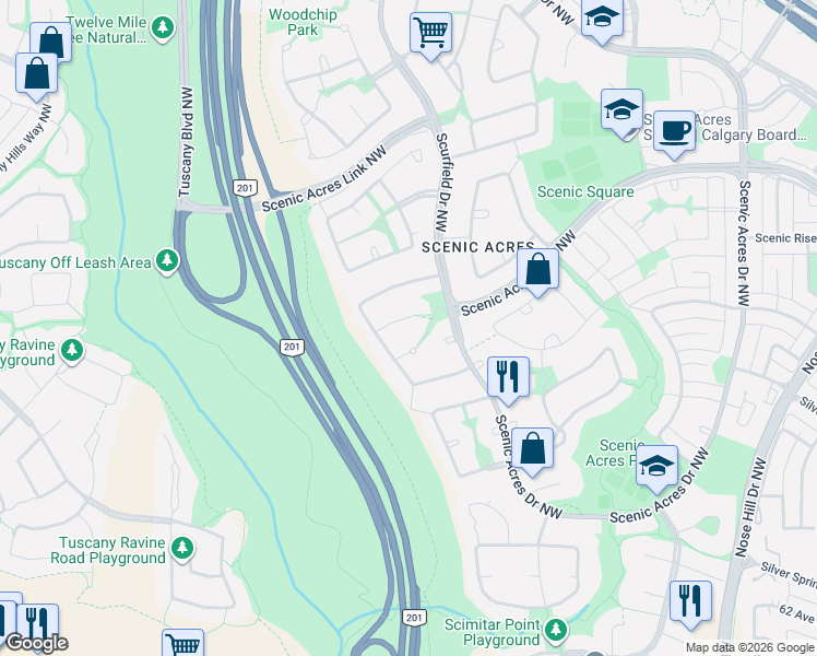 map of restaurants, bars, coffee shops, grocery stores, and more near 218 Schiller Place Northwest in Calgary