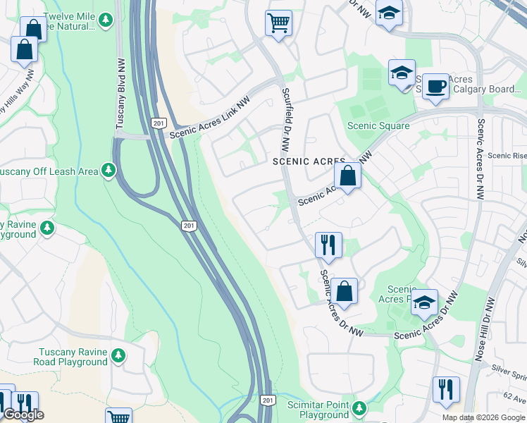 map of restaurants, bars, coffee shops, grocery stores, and more near 218 Schiller Place Northwest in Calgary