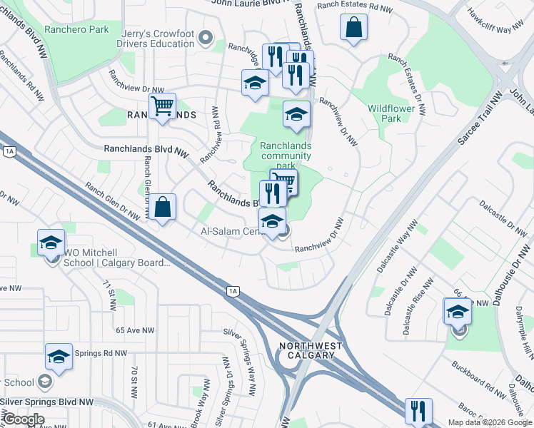 map of restaurants, bars, coffee shops, grocery stores, and more near 735 Ranchlands Boulevard Northwest in Calgary