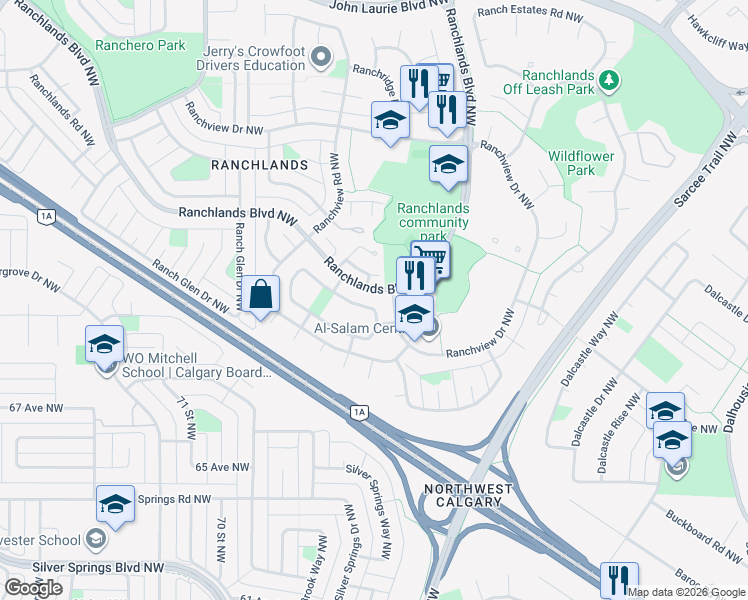 map of restaurants, bars, coffee shops, grocery stores, and more near 816 Ranchview Circle Northwest in Calgary