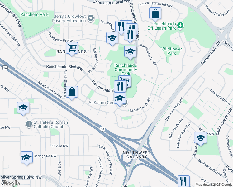 map of restaurants, bars, coffee shops, grocery stores, and more near 6315 Ranchview Drive Northwest in Calgary