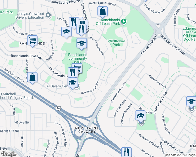 map of restaurants, bars, coffee shops, grocery stores, and more near 7105 Ranchview Drive Northwest in Calgary