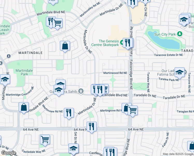 map of restaurants, bars, coffee shops, grocery stores, and more near 162 Martindale Drive Northeast in Calgary