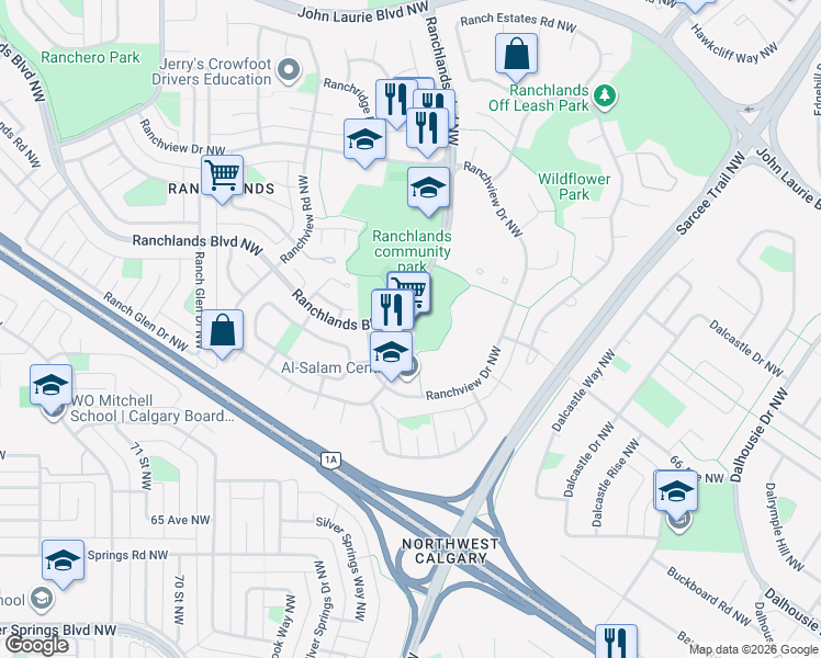 map of restaurants, bars, coffee shops, grocery stores, and more near 735 Ranchlands Boulevard Northwest in Calgary