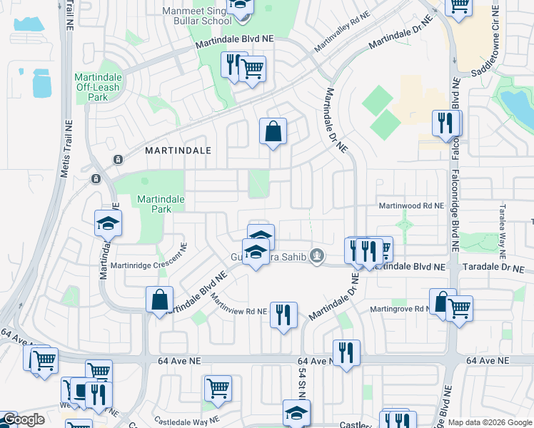 map of restaurants, bars, coffee shops, grocery stores, and more near 82 Martinbrook Road Northeast in Calgary