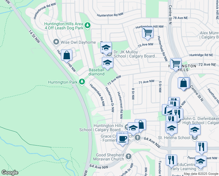 map of restaurants, bars, coffee shops, grocery stores, and more near 7224 Hunterview Drive Northwest in Calgary