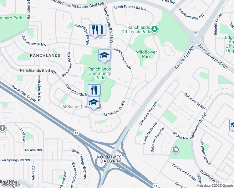 map of restaurants, bars, coffee shops, grocery stores, and more near 6651 Ranchview Drive Northwest in Calgary