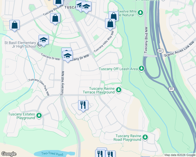 map of restaurants, bars, coffee shops, grocery stores, and more near 16 Tuscany Meadows Bay Northwest in Calgary