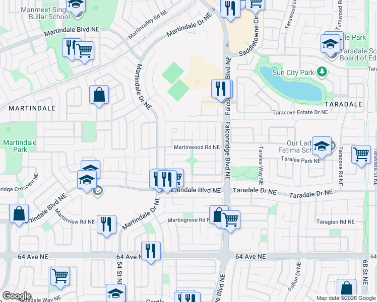 map of restaurants, bars, coffee shops, grocery stores, and more near 136 Martinwood Court Northeast in Calgary