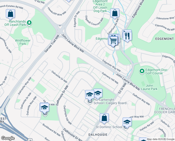 map of restaurants, bars, coffee shops, grocery stores, and more near 5843 Dalhousie Drive Northwest in Calgary