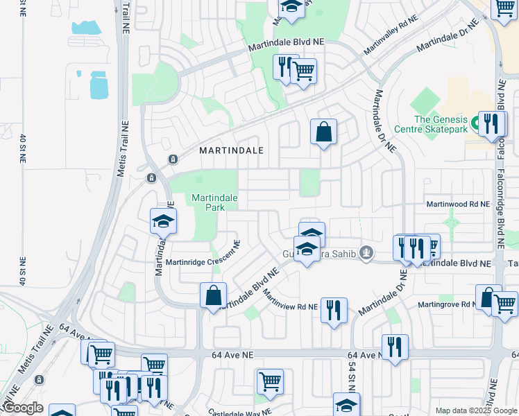 map of restaurants, bars, coffee shops, grocery stores, and more near 52 Martin Crossing Rise Northeast in Calgary