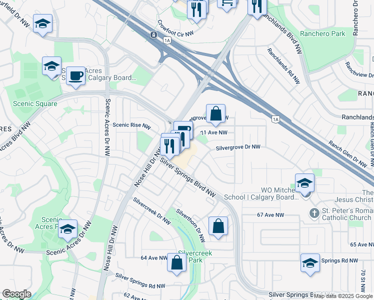 map of restaurants, bars, coffee shops, grocery stores, and more near 178 Silvergrove Way Northwest in Calgary