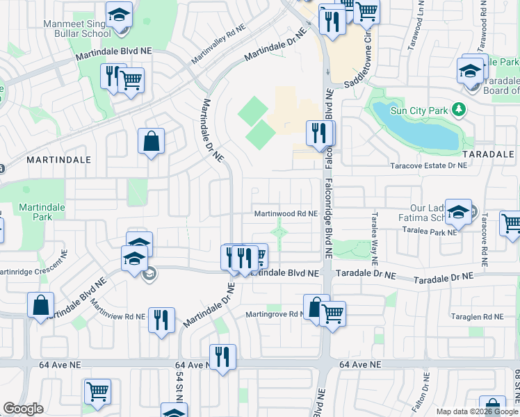 map of restaurants, bars, coffee shops, grocery stores, and more near 136 Martinwood Place Northeast in Calgary