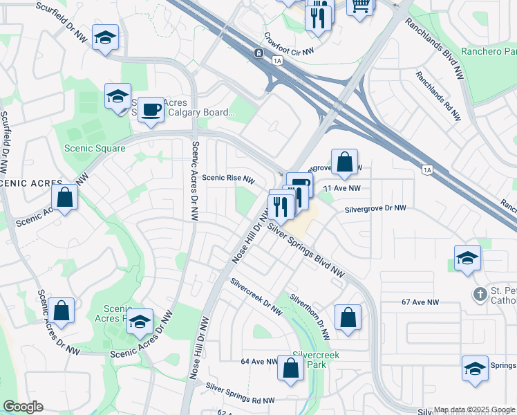 map of restaurants, bars, coffee shops, grocery stores, and more near 115 Scenic Way Northwest in Calgary
