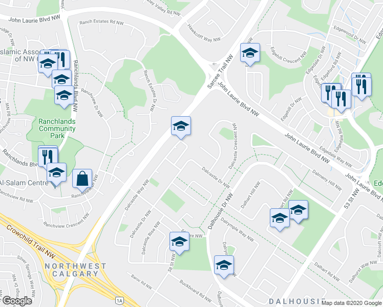 map of restaurants, bars, coffee shops, grocery stores, and more near 5858 Dalcastle Drive Northwest in Calgary