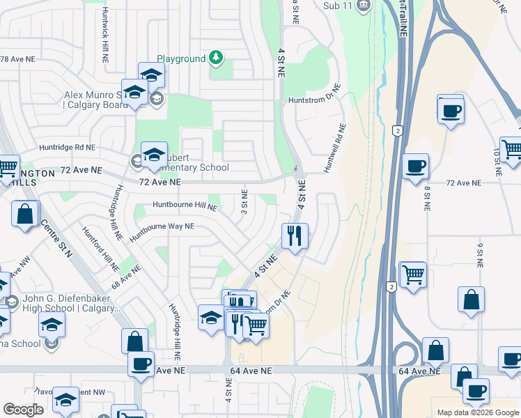 map of restaurants, bars, coffee shops, grocery stores, and more near 7228 3 Street Northeast in Calgary